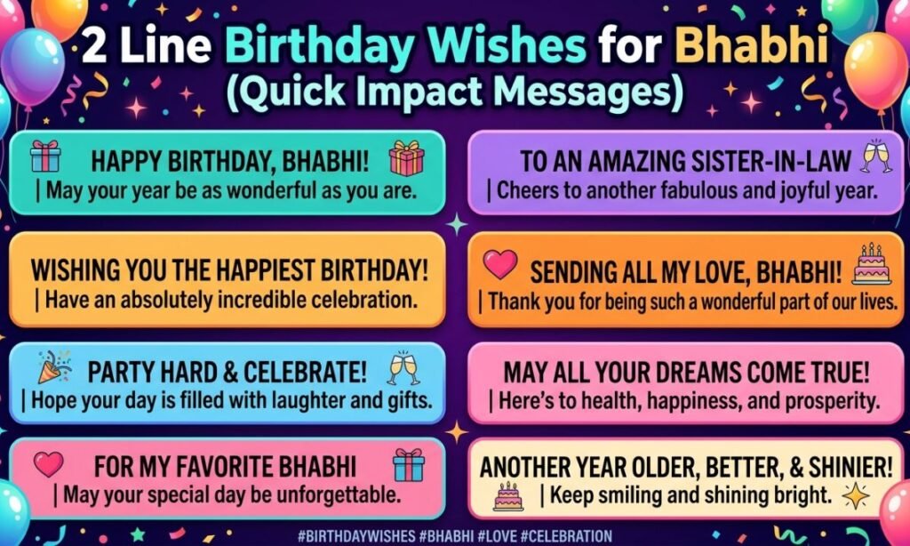 2 Line Birthday Wishes for Bhabhi (Quick Impact Messages)